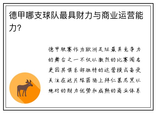 德甲哪支球队最具财力与商业运营能力？